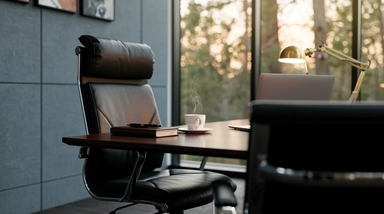 Executive conversation room in late afternoon with a single leather chair pulled out from a walnut table, a white porcelain coffee cup with steam rising, and warm late-day light through a window framing trees.