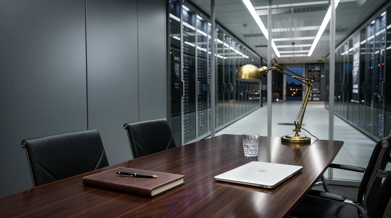 Executive boardroom adjacent to a server room, brass desk lamp on a mahogany conference table with a leather notebook and a closed laptop.