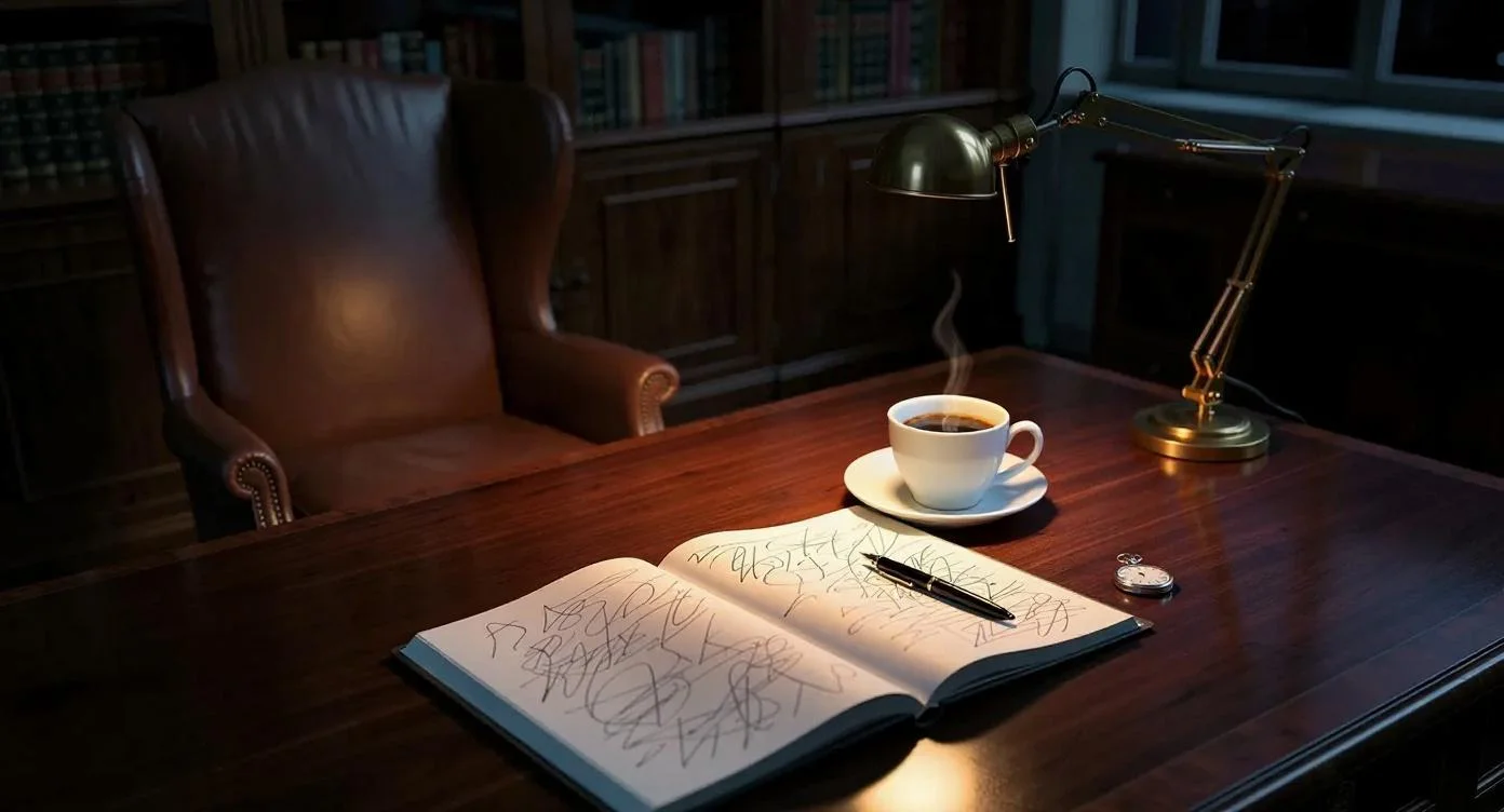 Executive writing study at night with an open notebook on a mahogany desk, a leather wingback chair pulled back from the desk, and a brass lamp casting warm light against bookshelves in the background.