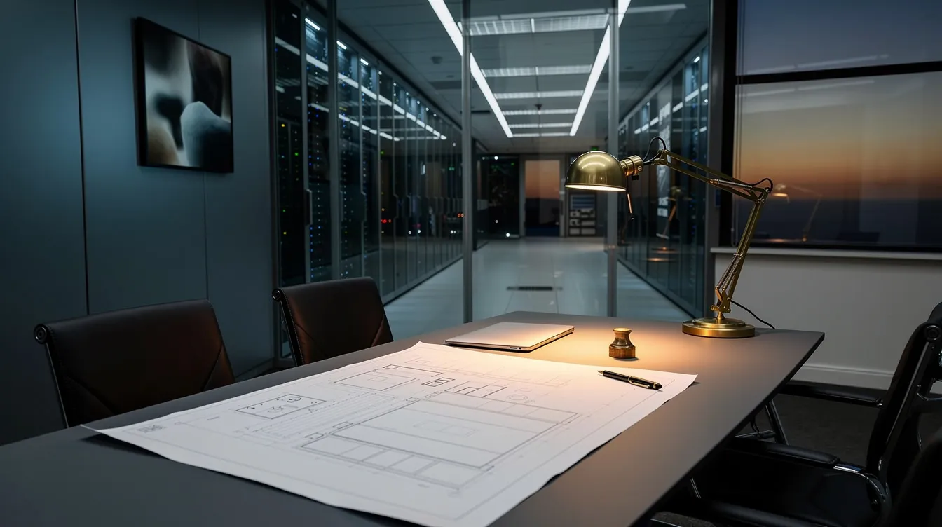 Executive technology operations room at night with an architectural blueprint on a conference table under a brass desk lamp, a glass partition opening into a data center corridor with server racks receding into the distance.